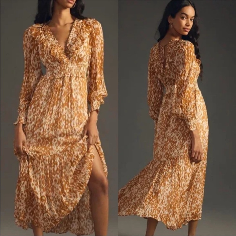 Anthropologie Odetta Maxi Dress Pockets Elastic Waist Ruffles Tiered Skirt Gold - Picture 8 of 16